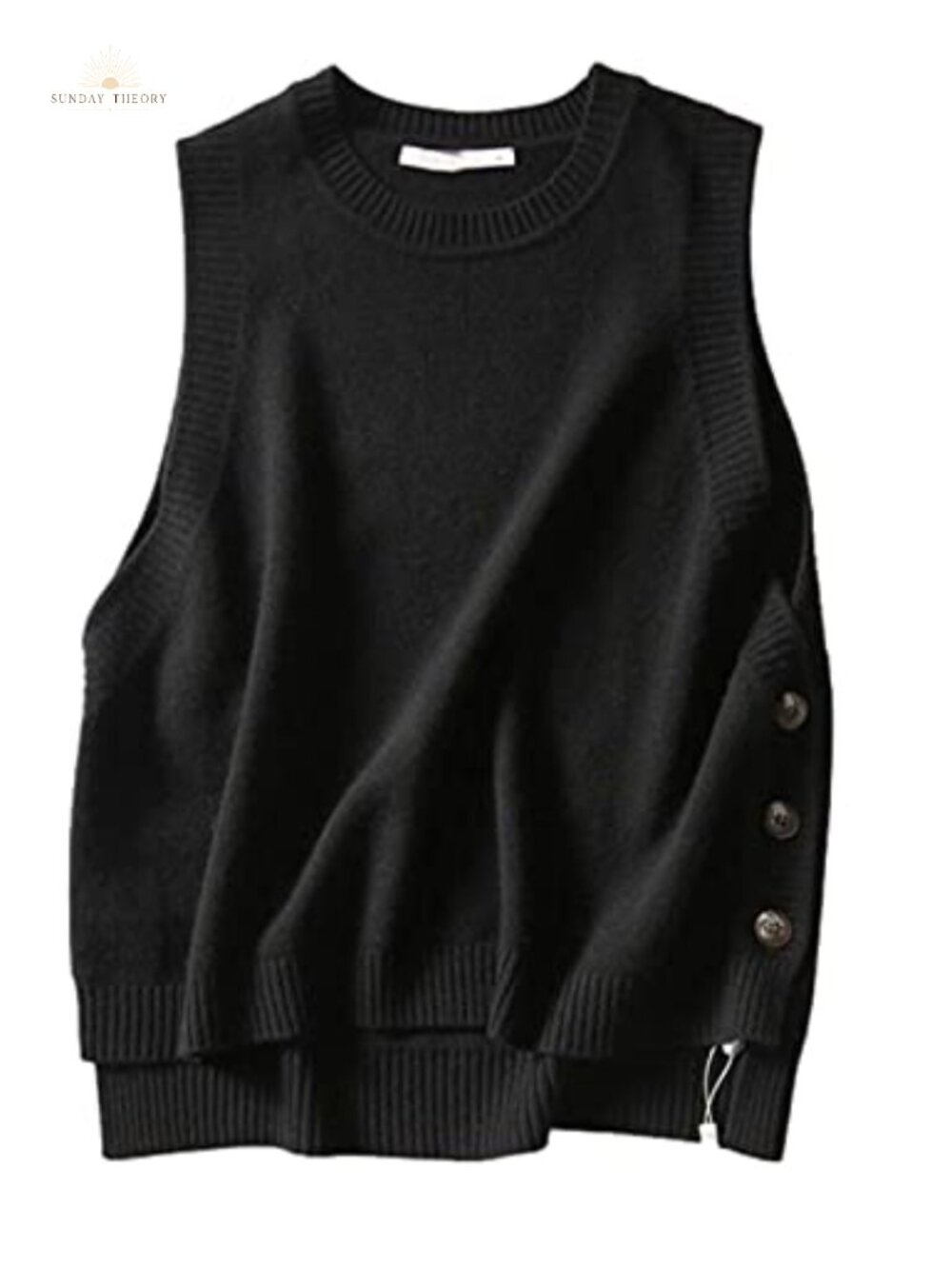 Round Neck Sleeveless Ribbed Knit Sweater Vest Button Side Loose Fit